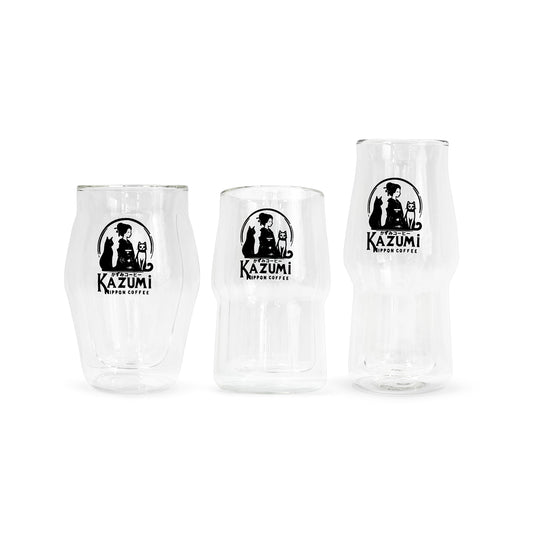 Sumi, Koku, and Kaori double wall coffee glasses with the same Kazumi siphon brew in each